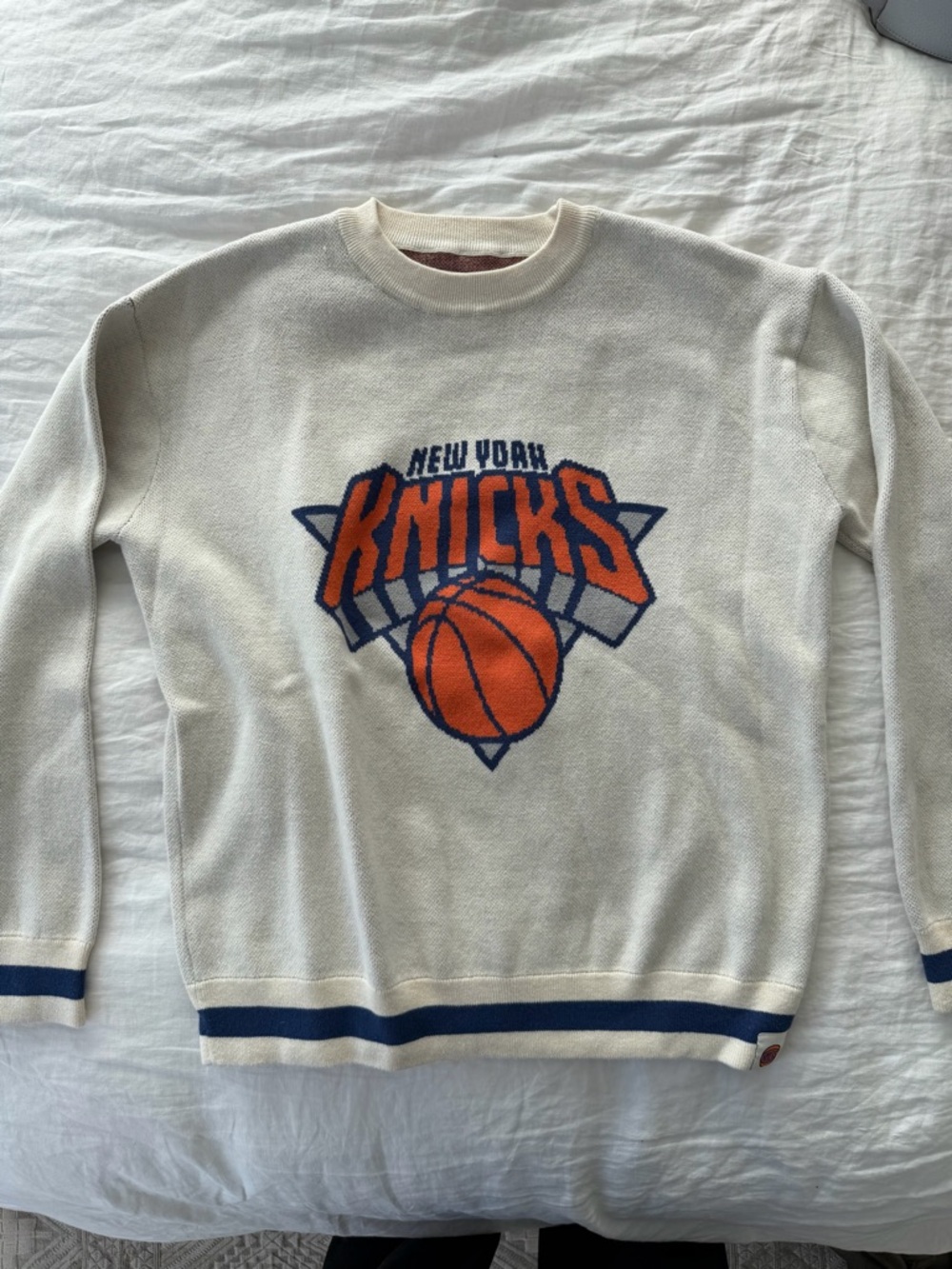 Terez Cream New York Knicks Crewneck Sweater with Orange and Blue Logo